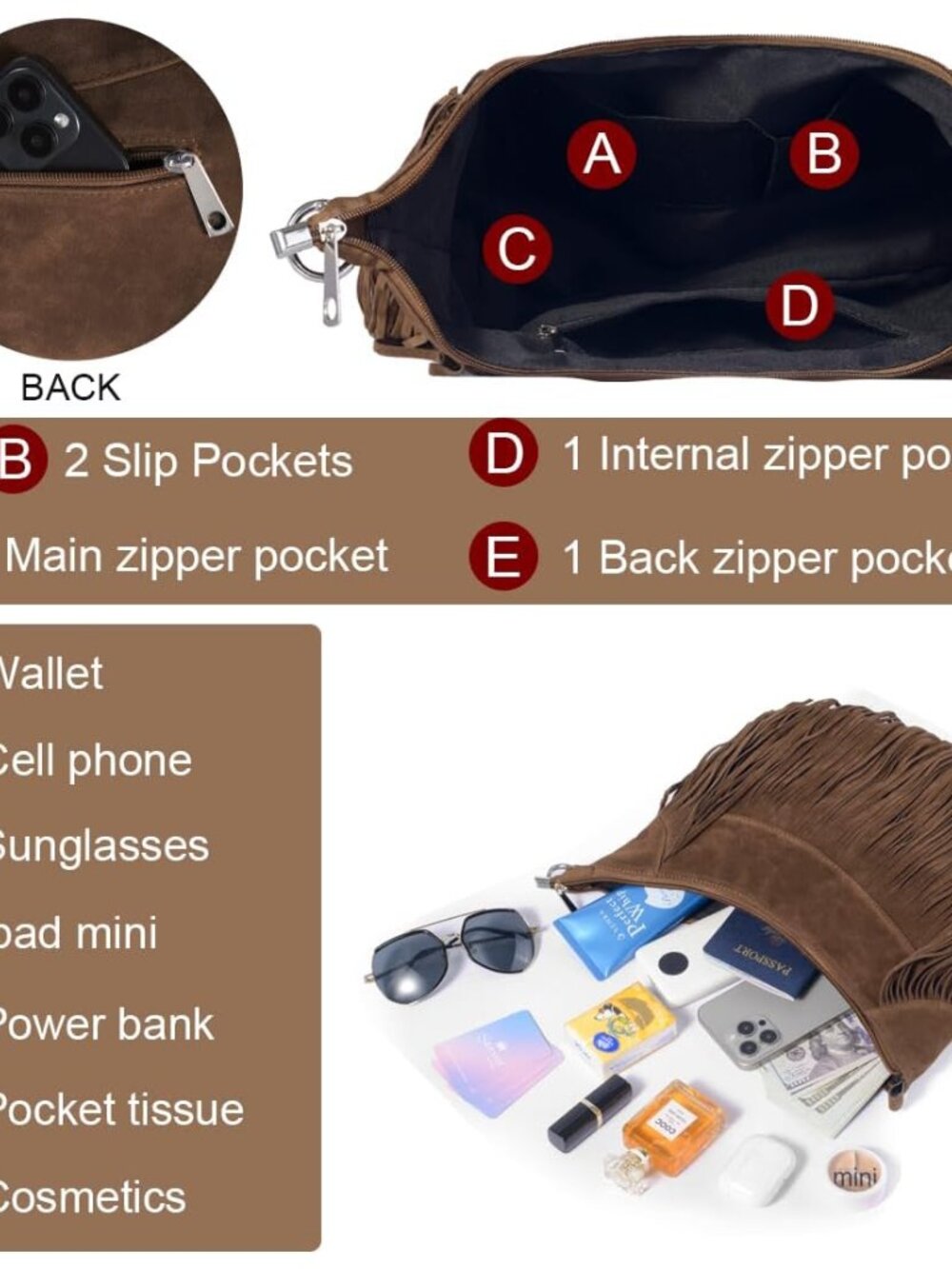 Women Fringe Hobo Bag Western Purse Shoulder Bag Vegan Suede Tassel Hippie Cross - Picture 3 of 6